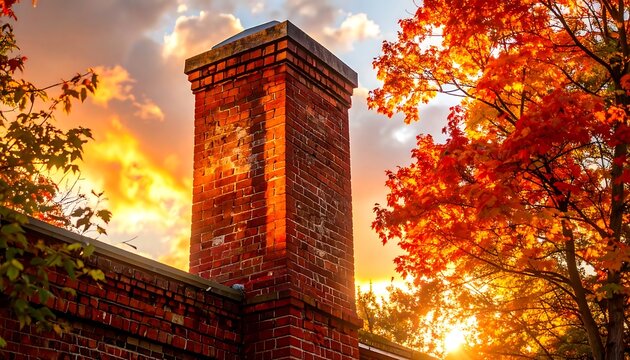 A vivid brick chimney against a fiery autumnal sunset, showcasing vibrant fall foliage.