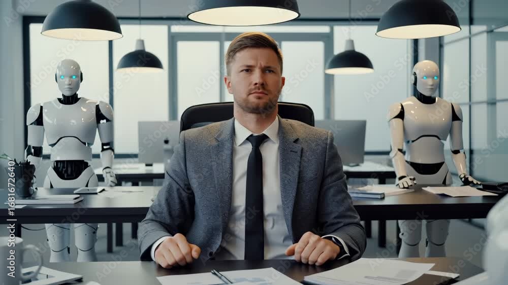 Poster executive confronts technological transformation, surrounded by motionless humanoid robots in minima