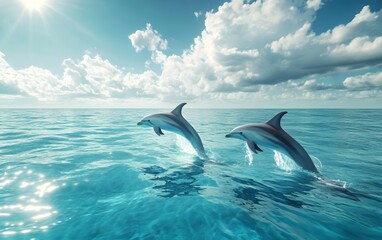 Dolphins leap out of the clear seawater, with soft sunlight shimmering on the sparkling sea surface