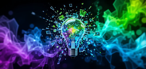 Fototapeta premium A vibrant, exploding light bulb filled with colorful particles and smoke, representing a brilliant idea or creative breakthrough