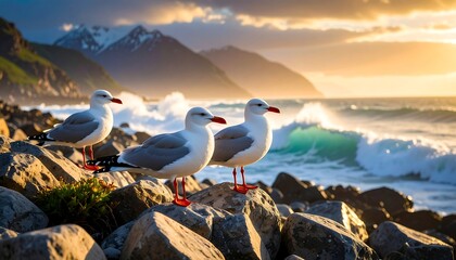 Three seabirds perched on rocks, dramatic sunset backdrop, ocean waves crashing