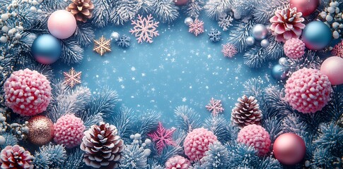 Frosted Blue Spruce Branches with Pink and Blue Ornaments and Pinecones Christmas winter