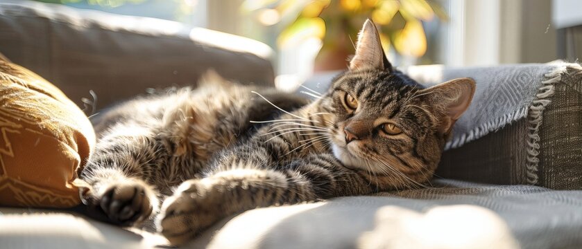 A cat gently bites a toy on the sofa, with soft sunlight streaming over it