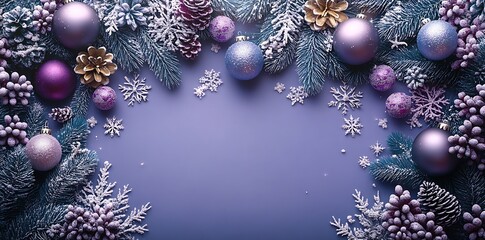 Frosted Christmas Ornaments Pine Branches Snowflakes and Pinecones Border winter frame