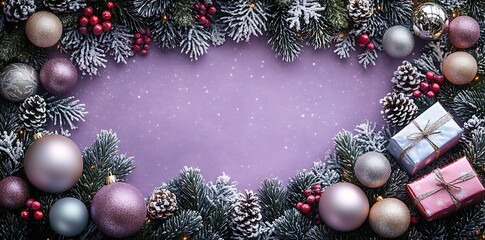 Frosted Christmas tree branches with ornaments and gifts on purple background holiday