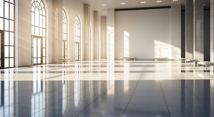 Bright and spacious hall with large windows and polished floor.