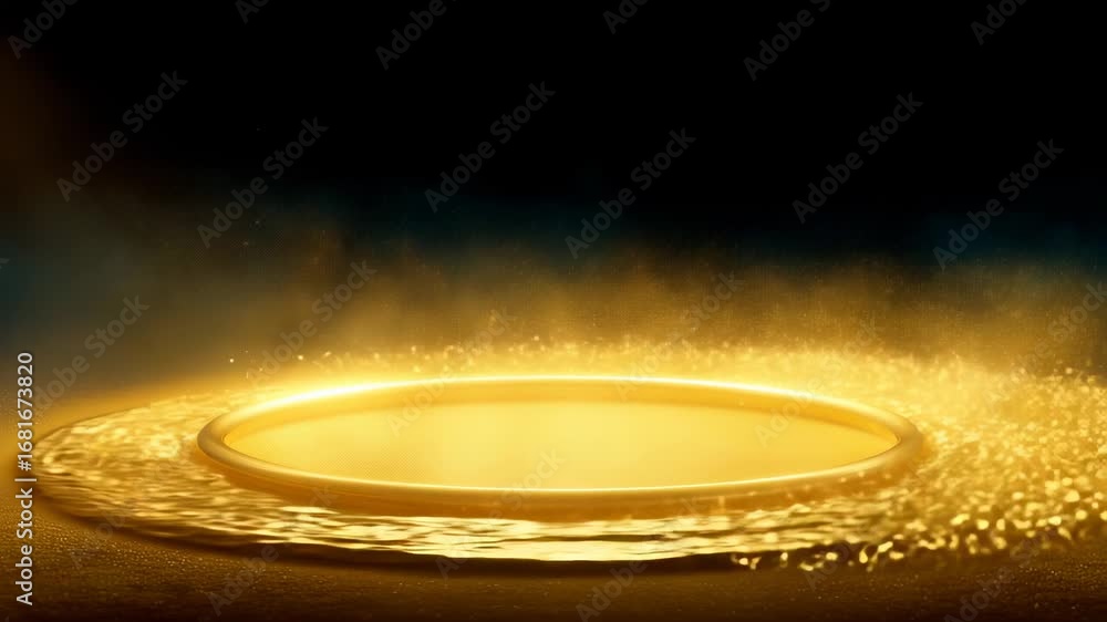 Poster luminescent circular golden platform surrounded by swirling golden energy particles against deep sha