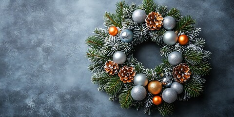 Frosted Christmas wreath with silver and gold ornaments and pinecones holiday decoration