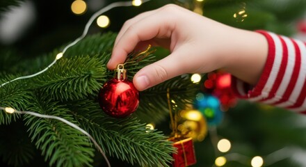 Child Decorating Christmas Tree With Ornaments and Lights