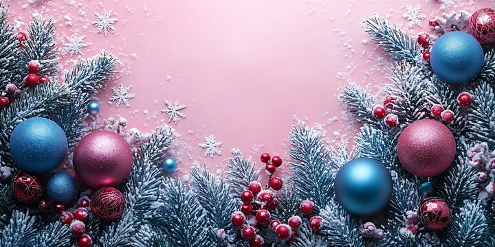 Frosted Evergreen Branches with Blue and Pink Christmas Ornaments winter snow