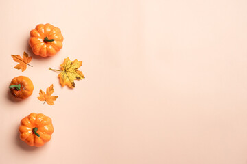 Autumn flat lay background with pumpkins and leaves.