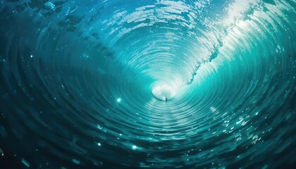 Underwater view of a swirling ocean wave, sunlight illuminating the water's interior.