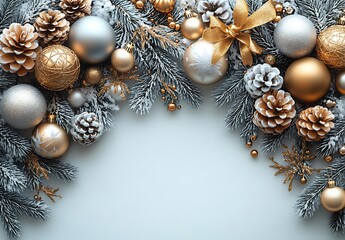 Frosted pine branches with gold and silver Christmas ornaments and pinecones decoration