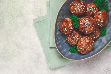 Tsukune, Japanese meatballs, minced chicken, fried on a skewer, with yakitori sauce, homemade, no...