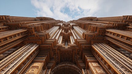 Obraz premium Detailed architecture, shot from below, shows the grand, complex, and vertically-oriented structure and the blue sky above it.