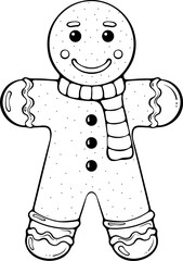 Festive Christmas gingerbread man cookie, symbol of holiday baking, perfect for seasonal greeting cards, decoration design. Vector illustration in hand drawn sketch style. Line art isolated on white