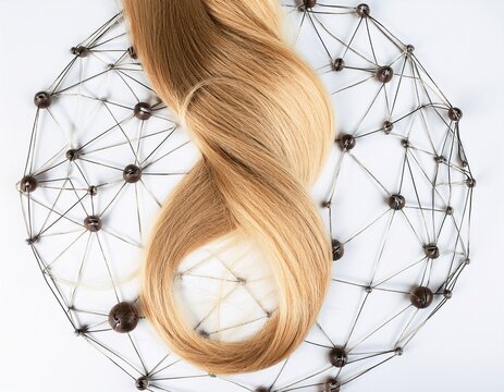 blond hair lock flowing through abstract molecules structure on white background - Powered by Adobe