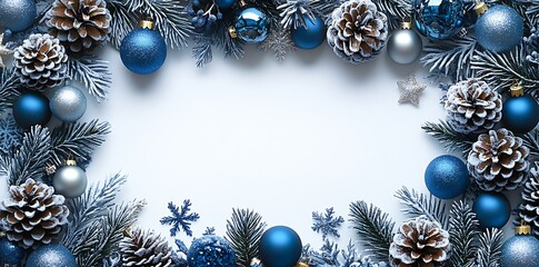 Frosted Pine Cones Blue Baubles Snowflakes and Fir Branches Frame Christmas winter