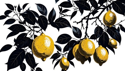 A vibrant display of lemons hanging from dark leaves on a branch against a plain white background.
