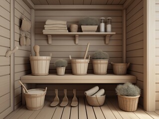 Wooden sauna interior featuring various natural materials, including baskets, towels, and utensils, creating a serene and relaxing atmosphere for wellness and self-care