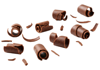 Elegant, delicate curls of rich, dark chocolate shavings on a pristine, transparent background with soft shadows and ample copy space, high-end food photography. Concept for gourmet confectionery