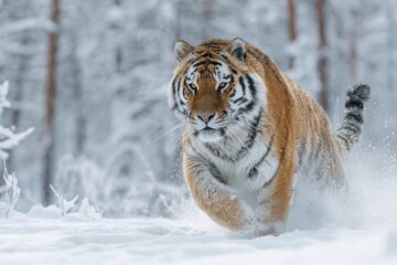Siberian tiger running through snow, winter forest, wildlife photography, majestic and powerful, nature documentary