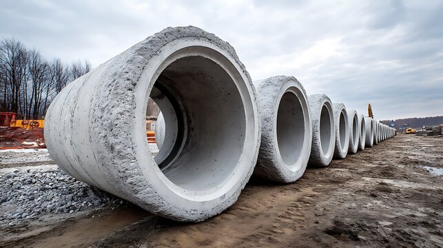 A row of concrete stormwater pipes lined up at a construction site, essential for water management in upcoming infrastructure projects.