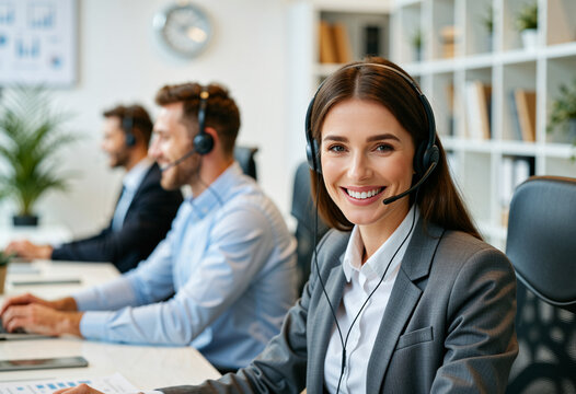 L&auml;chelnde Frau im Callcenter mit Headset