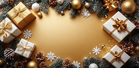 Gold and white Christmas gifts with pine cones and ornaments on gold background present