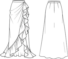 Women's asymmetrical cascading ruffle skirt and minimalist long skirt front and back view, high waist, elegant design, fashion flat sketch, garment technical drawing © Su Joy Creatives