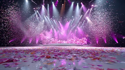 A lively stage with confetti falling, representing a music contest or Eurovision-style performance, with vibrant lighting and excitement.
