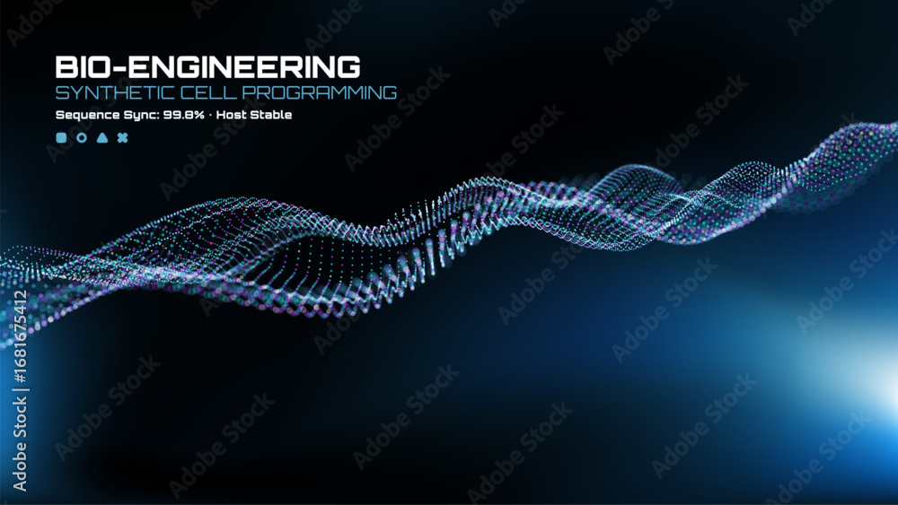 Poster bio-engineering synthetic cell programming. digital data wave with glowing particles. science techno