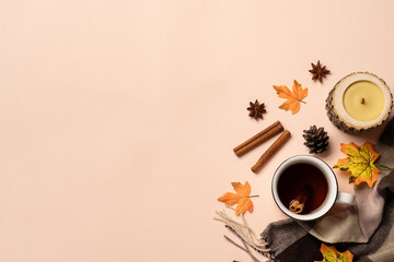 Autumn flat lay background with hot lea and leaves.