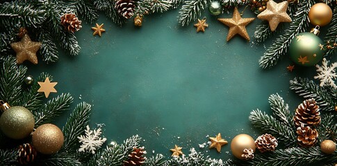 Green and gold Christmas ornaments and pine branches on teal background holiday festive