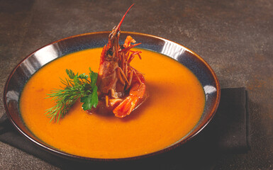 shrimp cream soup, bisque soup, French cuisine, homemade, no people,