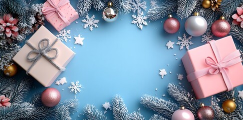 Pink and cream gift boxes with Christmas ornaments and frosted pine branches gifts presents
