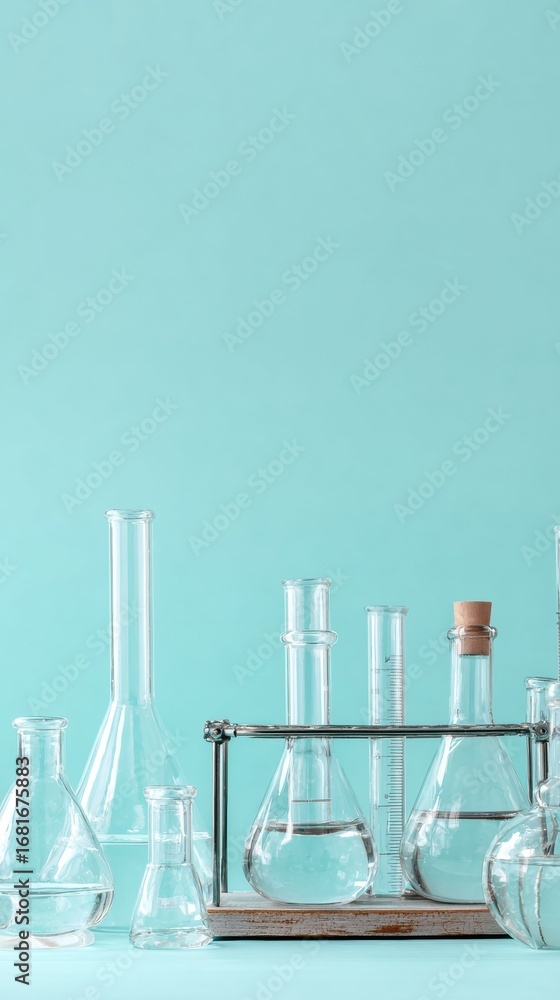 Poster laboratory glassware in various shapes and sizes arranged on a shelf with a light blue background