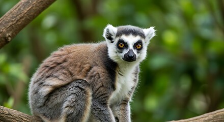 Captivating ring tailed lemur portrait amidst lush greenery in natural habitat