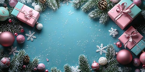 Pink and teal Christmas gifts with ornaments and pine branches present ribbon