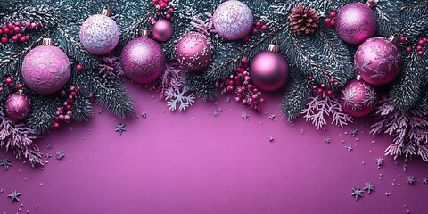 Pink Christmas Ornaments and Fir Branches with Snow and Berries purple