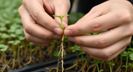 Close medium shot of hands gently handling rootstock seedlings highlighting the careful selection process for climateresilient and nutrientefficient growth.