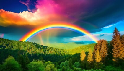 colorful rainbow arcs over lush green forest during a dramatic weather change in the afternoon