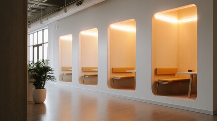 Open office with capsule-style pods illuminated by warm light and natural daylight from large windows. A modern hybrid workspace with greenery.