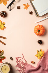 Autumn flat lay background with yellow leaves.