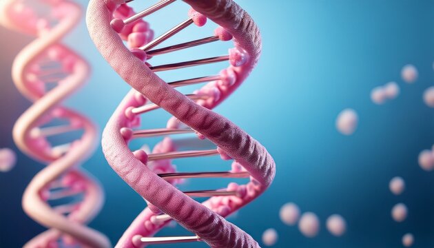 close up view of a pink dna double helix structure against a soft blue background showcasing the intricate design and molecular beauty of genetic material in a scientific context - Powered by Adobe