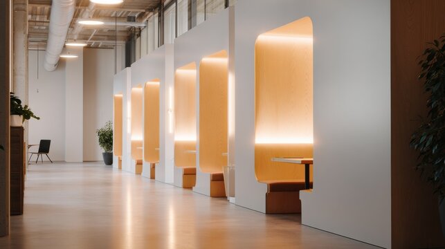 Bright modular workspace pods with sleek wooden inserts and soft lighting. Flexible modern office concept combining design, comfort, and productivity.