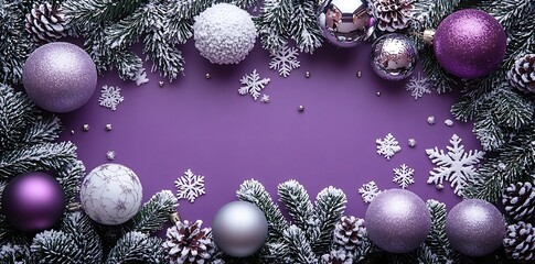 Purple Christmas ornaments and frosted pine branches with snowflakes holiday violet