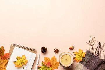 Autumn flat lay background with yellow leaves.