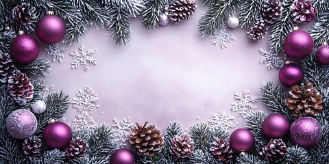 Purple Christmas Ornaments Pine Cones and Snowflakes on Frosted Fir Branches winter holiday