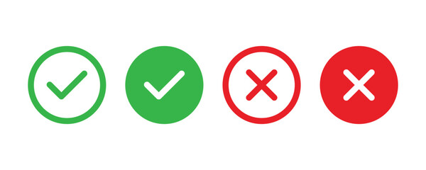 Green check mark and red cross mark icon. Cross check mark icons, flat round buttons set. Vector illustration